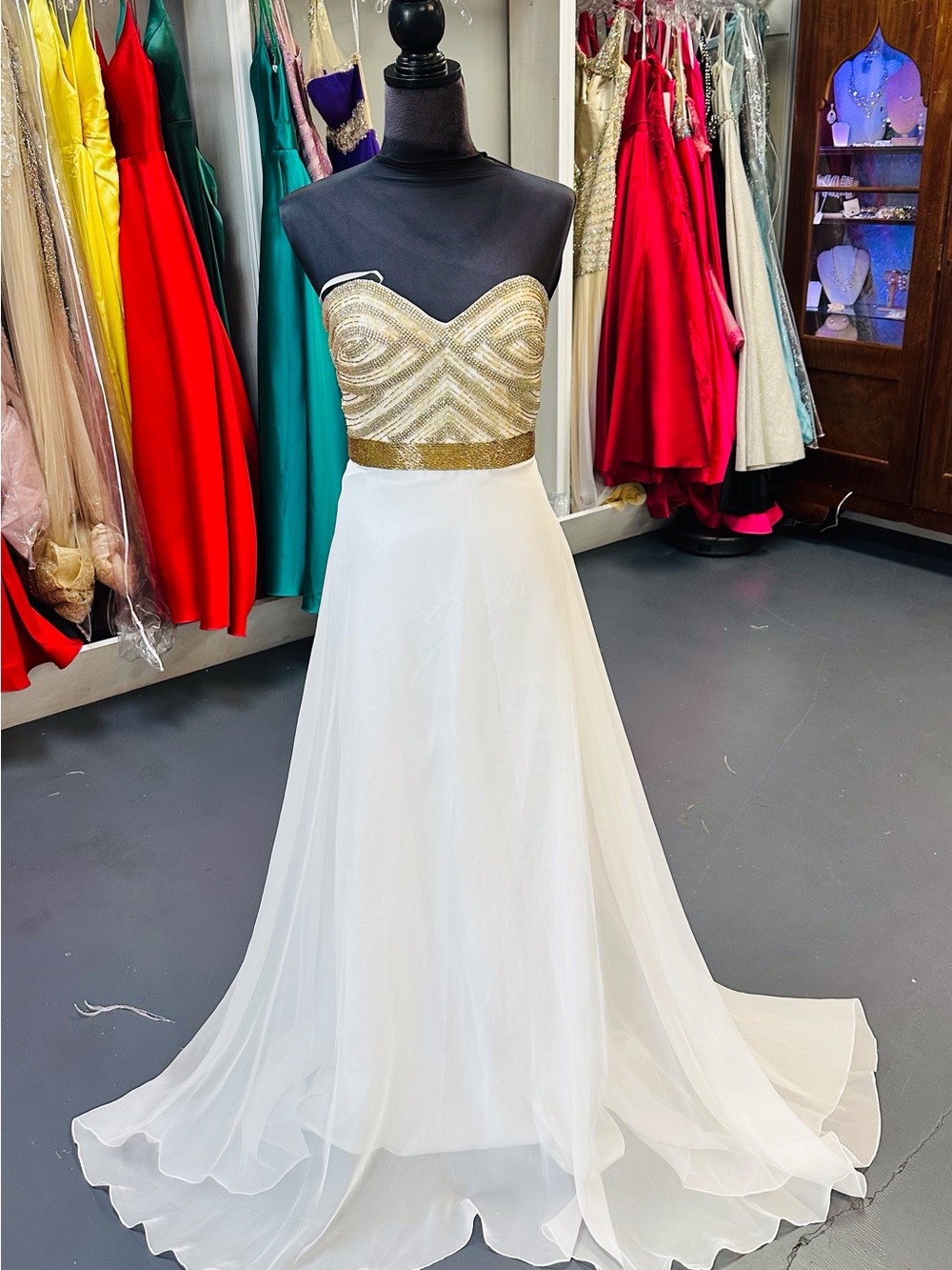 madison james Gold Beaded Strapless Bodice White Chiffon A-Line Gown